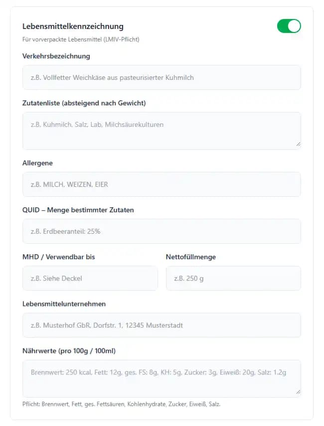 Lebensmittelkennzeichnungsfelder nach gesetzlichen vorgaben