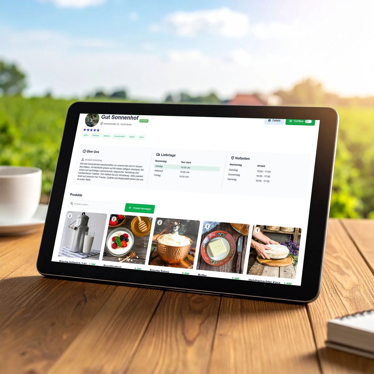 Online-Hofladen auf Farmerino: ein Tablet zeigt den Hofladen „Gut Sonnenhof“ mit Produkten, Liefertagen und Hofzeiten