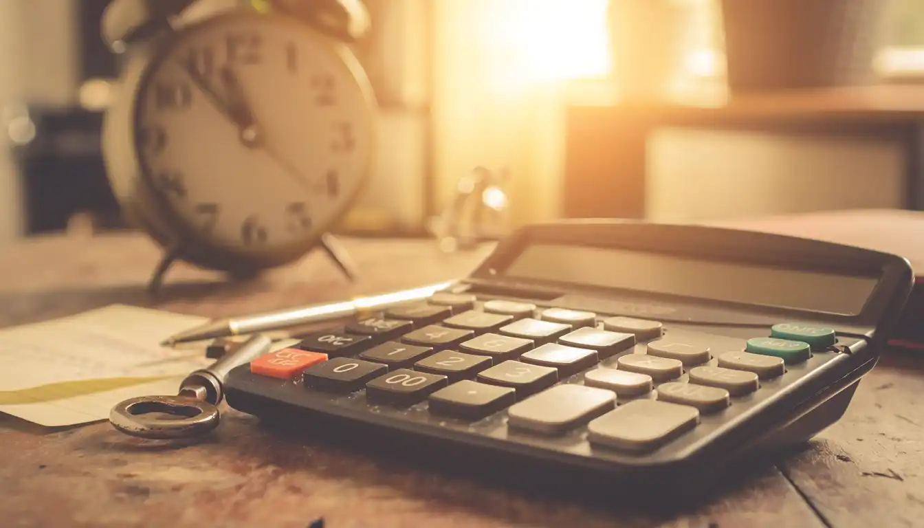 Moderner Taschenrechner neben Laptop und Wecker